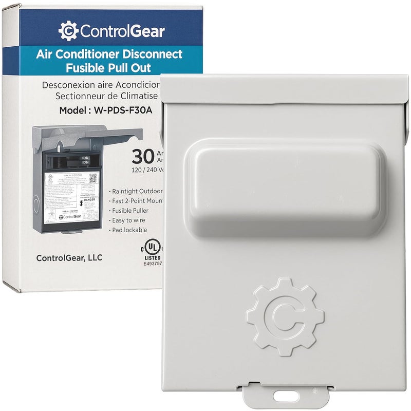 ControlGear 30 Amp Pullout FUSIBLE Disconnect Switch, Brand 240V NEMA 3R Outdoor Metallic Enclosure for HVAC Systems, UL Certified, Single Phase Two Wire (fuses NOT Included) - Image 1
